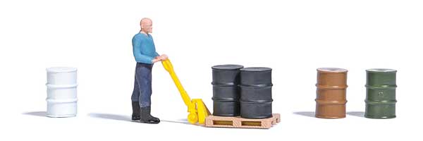 HO Scale Busch Gmbh & Co Kg Pallet Jack with Figure, 5 Steel Drums, Pallet