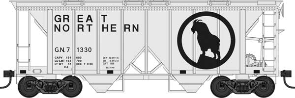 HO Scale Bowser Manufacturing Co. 70-Ton 2-Bay Covered Hopper with Open Sides GN #71348