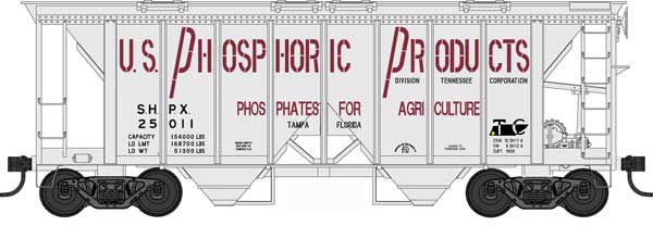 HO Scale Bowser Manufacturing Co. 70-Ton 2-Bay Covered Hopper with Open Sides US Phosphoric Products #25011